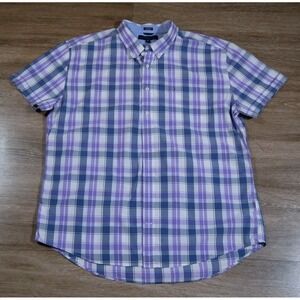Tommy Hilfiger Shirt Mens 2XL Purple Plaid Short Sleeve Button Down Floral Trim